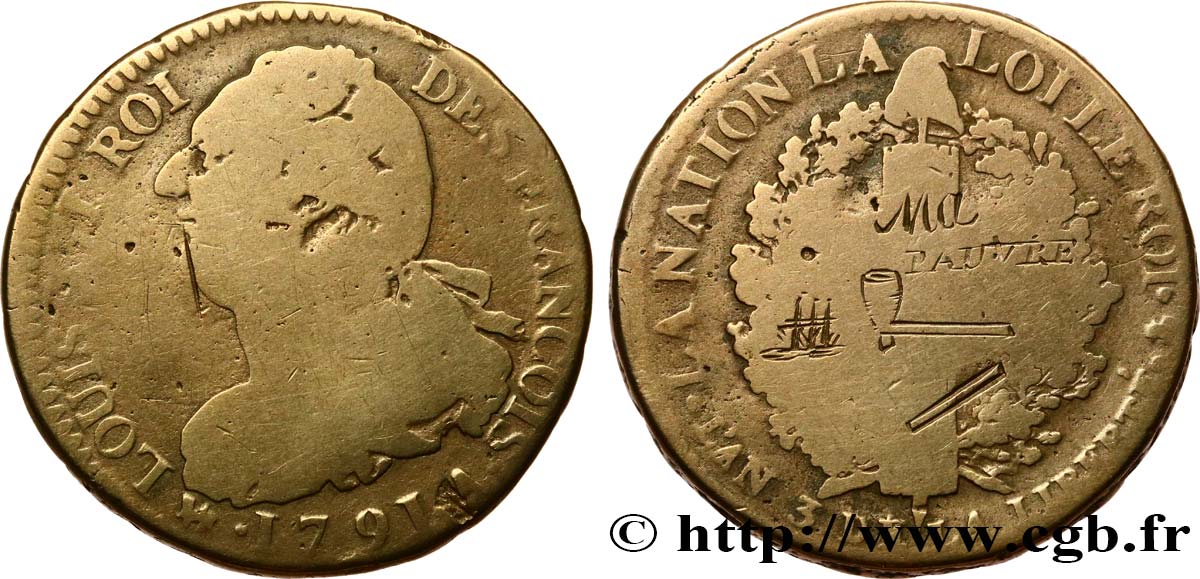 LOUIS XVI (MONARQUE CONSTITUTIONNEL)  2 sols dit  au faisceau , type FRANÇOIS 1791 Paris B+