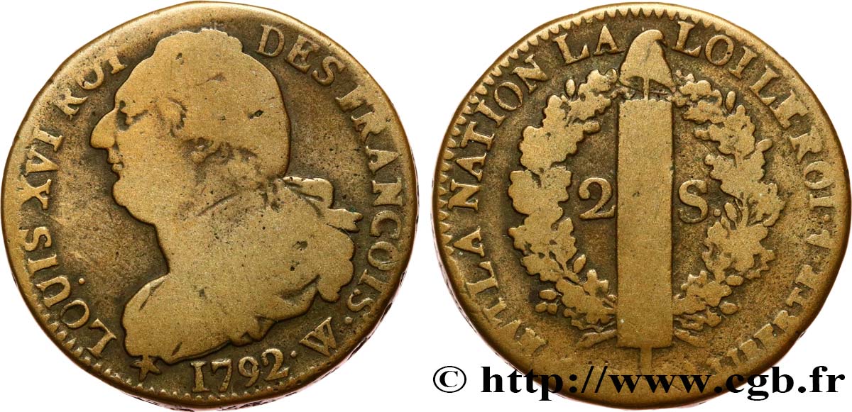 LOUIS XVI (MONARQUE CONSTITUTIONNEL)  2 sols dit  au faisceau , type FRANÇOIS 1792 Lille TB