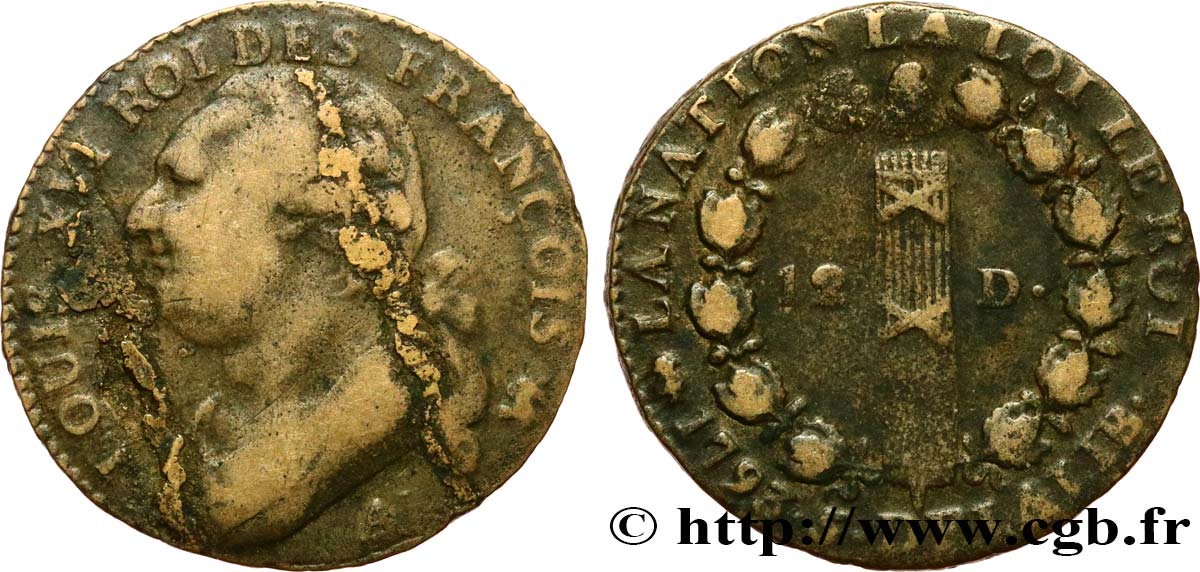 LOUIS XVI (MONARQUE CONSTITUTIONNEL)  12 deniers dit  au faisceau , type FRANÇOIS 1793 Paris TB