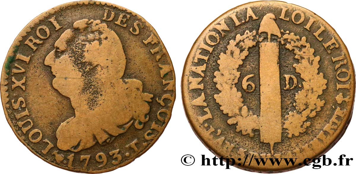 LOUIS XVI (MONARQUE CONSTITUTIONNEL)  6 deniers dit  au faisceau , type FRANÇOIS 1793 Nantes TB