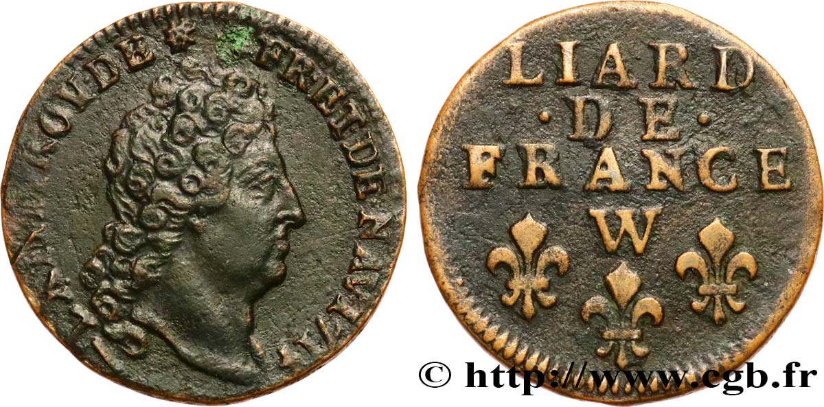 LOUIS XIV  THE SUN KING  Liard de France au buste nu 1714 Lille XF