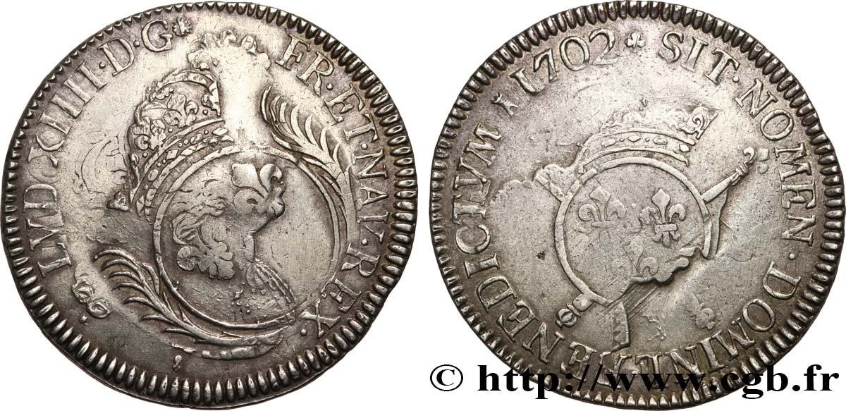 LOUIS XIV &nbsp;THE SUN KING&nbsp; Écu aux insignes 1702 Toulouse q.BB