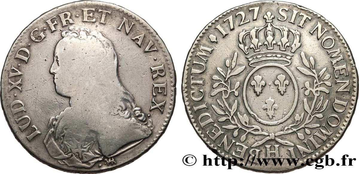LOUIS XV &nbsp;THE WELL-BELOVED&nbsp; Écu aux branches d&nbsp;olivier, buste habillé 1727 La Rochelle MB/q.BB
