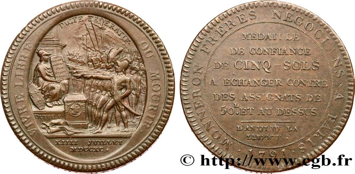 CONFIANCE (MONNAIES DE...) Monneron de 5 sols au serment (An III), 1er type 1791 Birmingham, Soho SUP