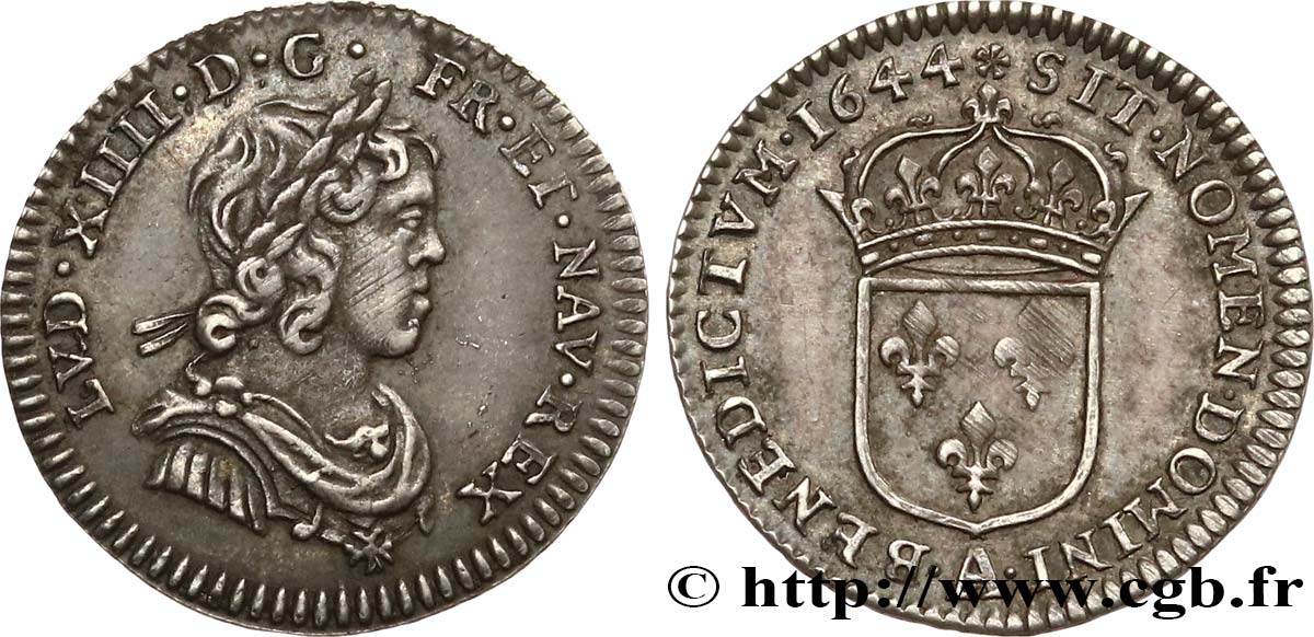 LOUIS XIV  THE SUN KING  Quarante-huitième d écu à la mèche courte et légende longue (essai) 1644 Paris, Monnaie de Matignon AU