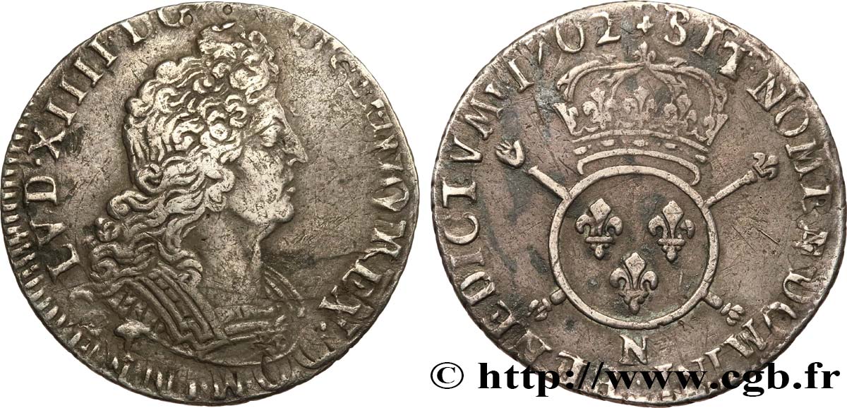 LOUIS XIV  THE SUN KING  Quart d écu aux insignes 1702 Montpellier BC+