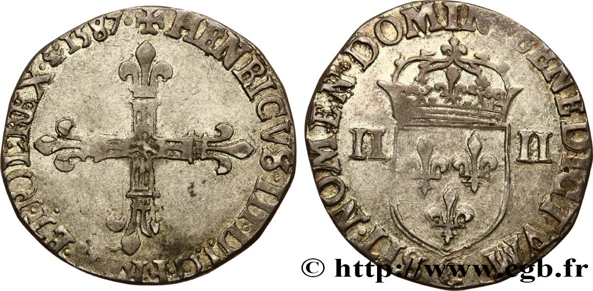 HENRY III Quart d écu, croix de face 1587 Saint-Lô XF