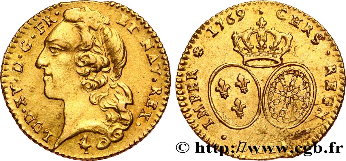 LOUIS XV DIT LE BIEN AIMÉ Demi-louis d’or aux écus ovales, tête ceinte d’un bandeau 1769 Paris TTB+