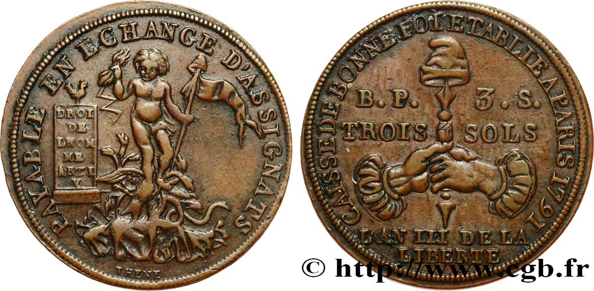 REVOLUTION COINAGE Trois sols 1791  AU