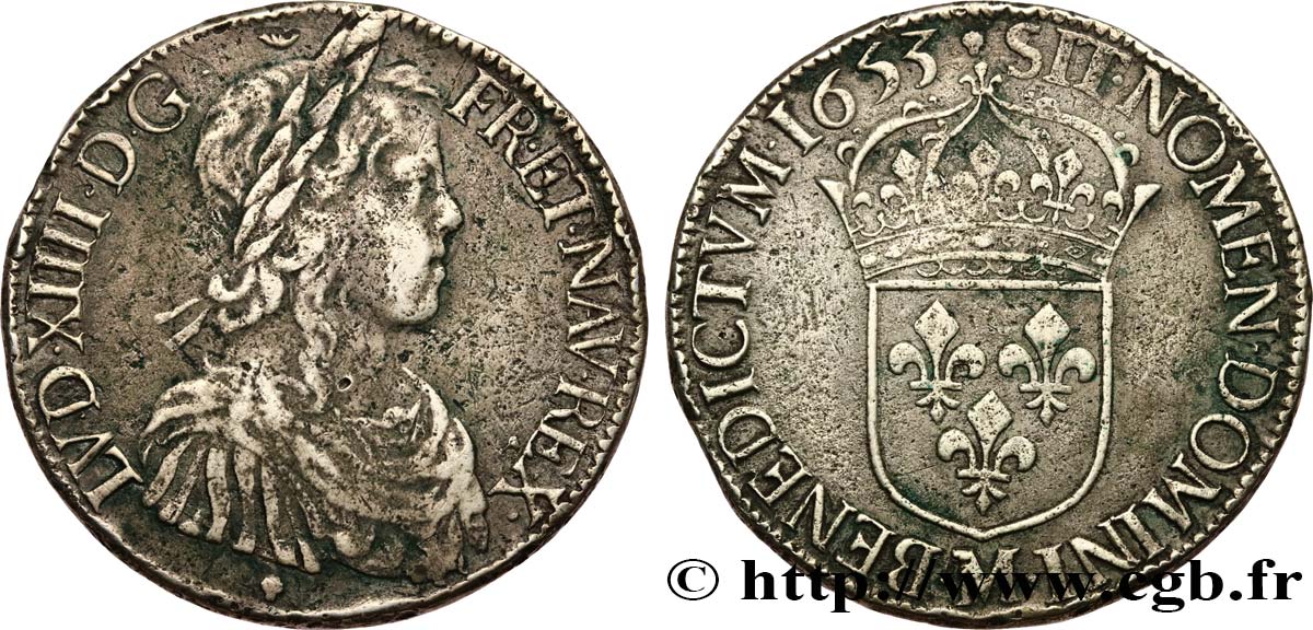 LOUIS XIV LE GRAND OU LE ROI SOLEIL Écu, portrait à la mèche longue 1653 Toulouse TB+