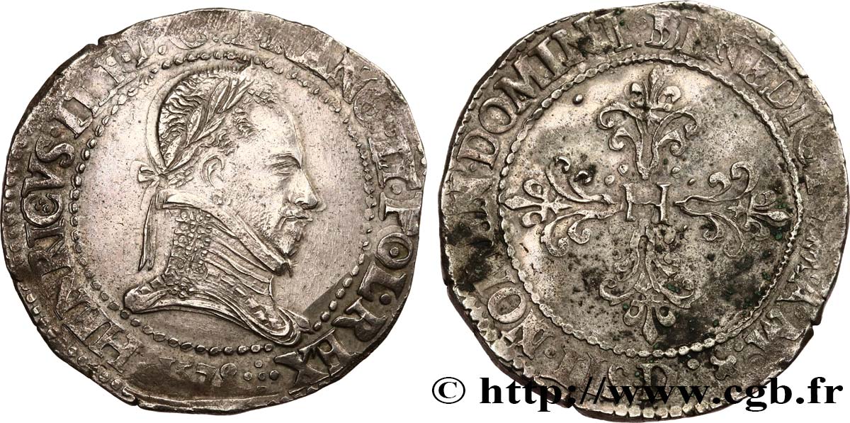 HENRI III Franc au col plat 1578 Lyon TTB+/TTB