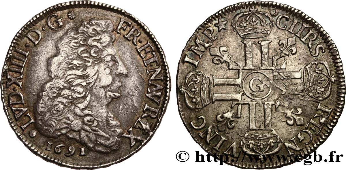 LOUIS XIV  THE SUN KING  Demi-écu aux huit L, 1er type 1691 Poitiers q.BB/BB