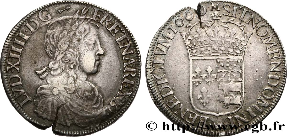 LOUIS XIV  THE SUN KING  Écu de Béarn, portrait à la mèche longue 1660 Morlaàs MBC/MBC+