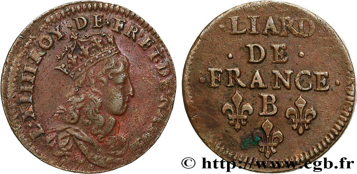 LOUIS XIV  THE SUN KING  Liard de cuivre, 2e type 165[?] Pont-de-l’Arche MBC/MBC+