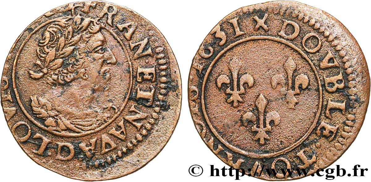 LOUIS XIII  Double tournois, type 7 de Lyon, buste viril barbu et drapé 1631 Lyon BB