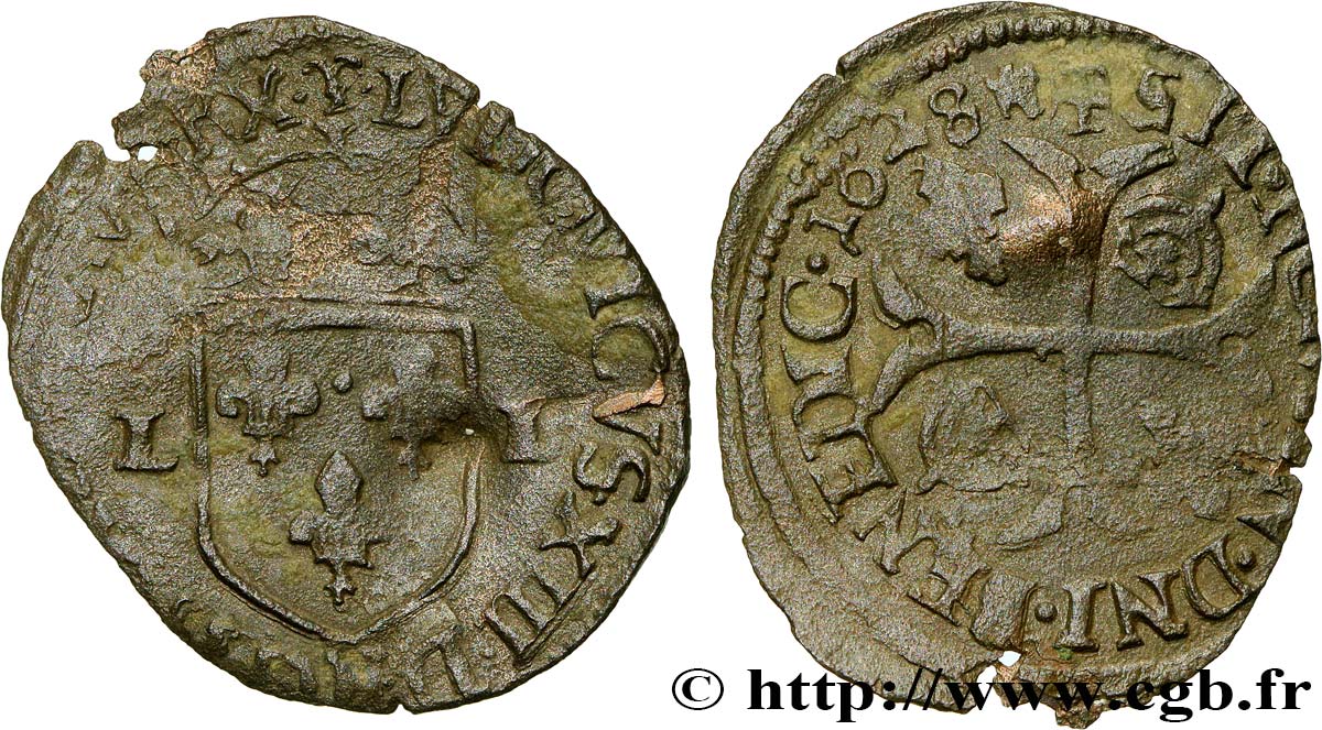 LOUIS XIII  Douzain, à la croix cantonnée de deux lis et de deux couronnes (émission protestante) 1628 Nîmes q.BB