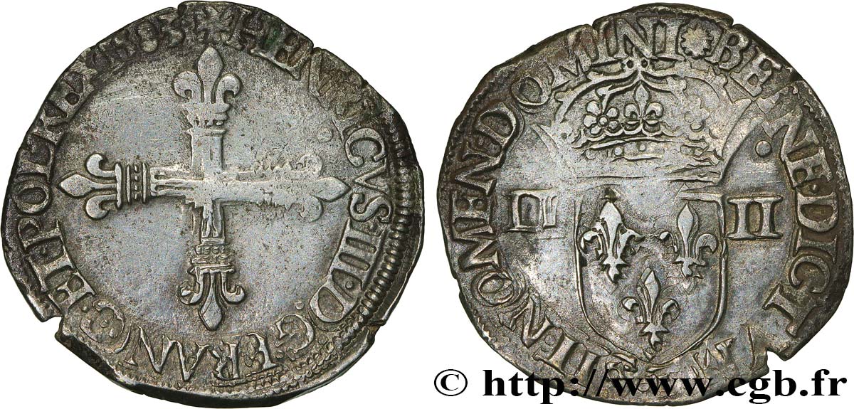 HENRY III Quart d écu, croix de face 1583 Nantes BC+/MBC