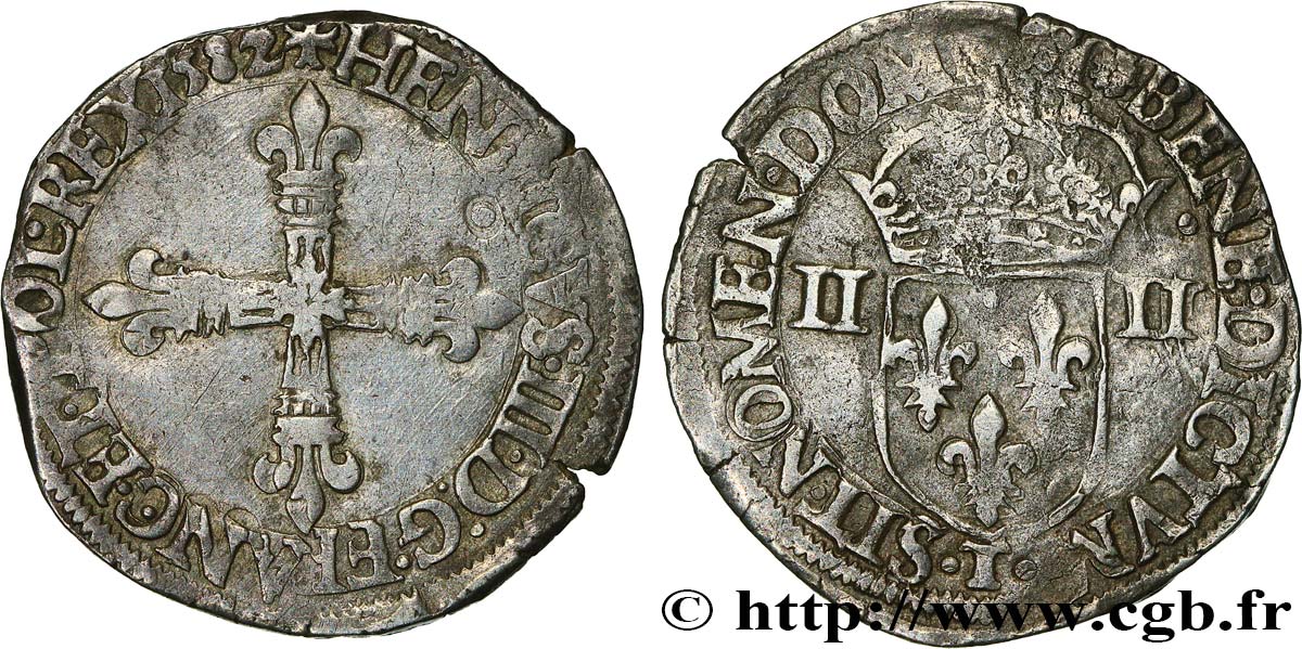 HENRI III Quart d écu, croix de face 1582 Nantes TTB