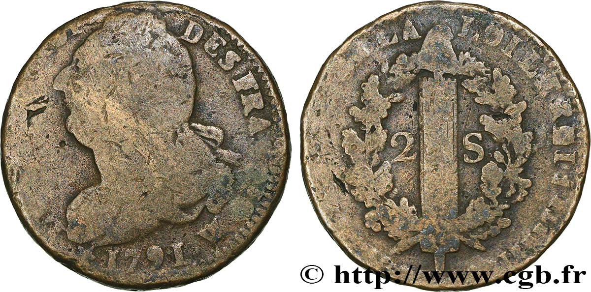 LOUIS XVI 2 sols dit  au faisceau , type FRANÇOIS 1791 Lille RC+