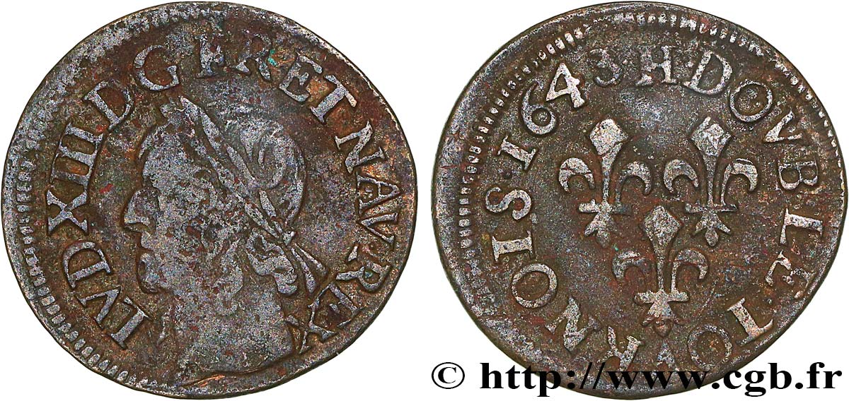 LOUIS XIII LE JUSTE Double tournois, type de Warin 1643 La Rochelle TB+/TTB