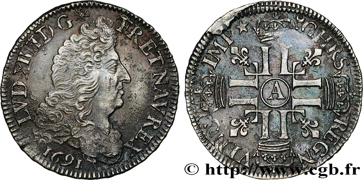 LOUIS XIV  THE SUN KING  Demi-écu aux huit L, 1er type 1691 Paris q.SPL
