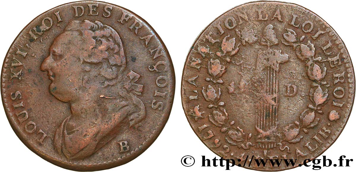 LOUIS XVI 12 deniers dit  au faisceau , type FRANÇOIS 1792 Rouen VF