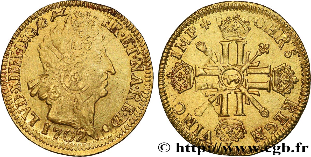 LOUIS XIV  THE SUN KING  Double louis d or aux huit L et aux insignes 1702 Pau MBC+