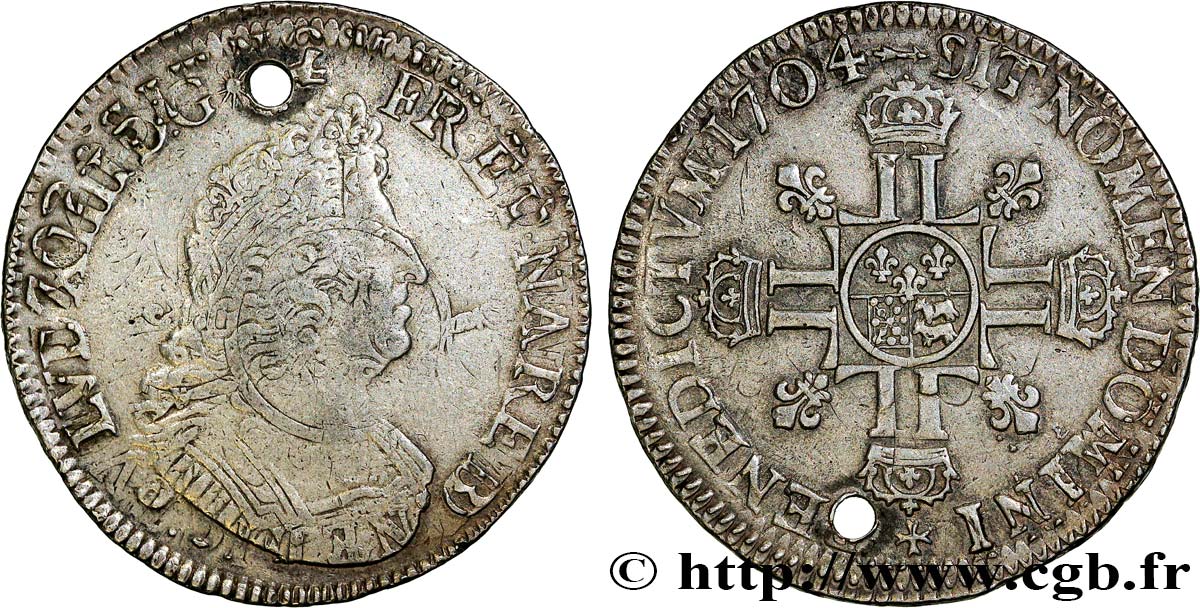 LOUIS XIV LE GRAND OU LE ROI SOLEIL Écu de Béarn aux huit L, 2e type 1704 Pau TB+/TTB