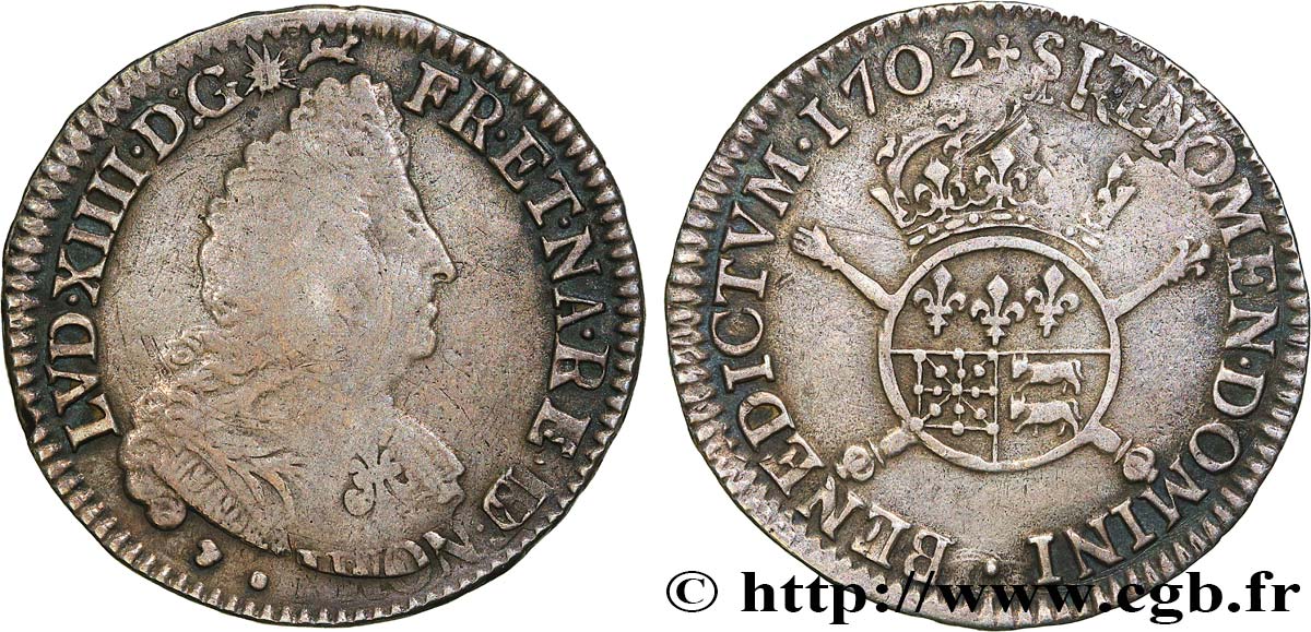 LOUIS XIV  THE SUN KING  Demi-écu de Béarn aux insignes 1702 Pau q.BB/q.SPL