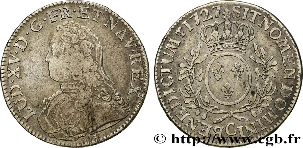 LOUIS XV THE BELOVED Écu aux branches d olivier, buste habillé 1727 Caen VF/AU