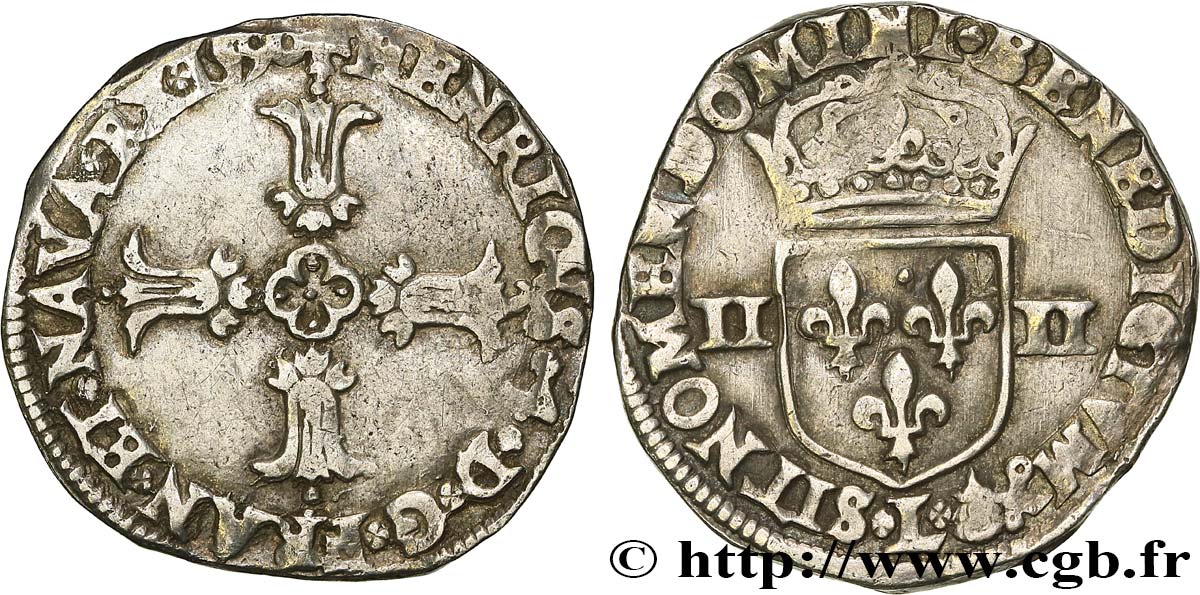 HENRY IV Quart d écu, croix feuillue de face 1590 Bayonne XF
