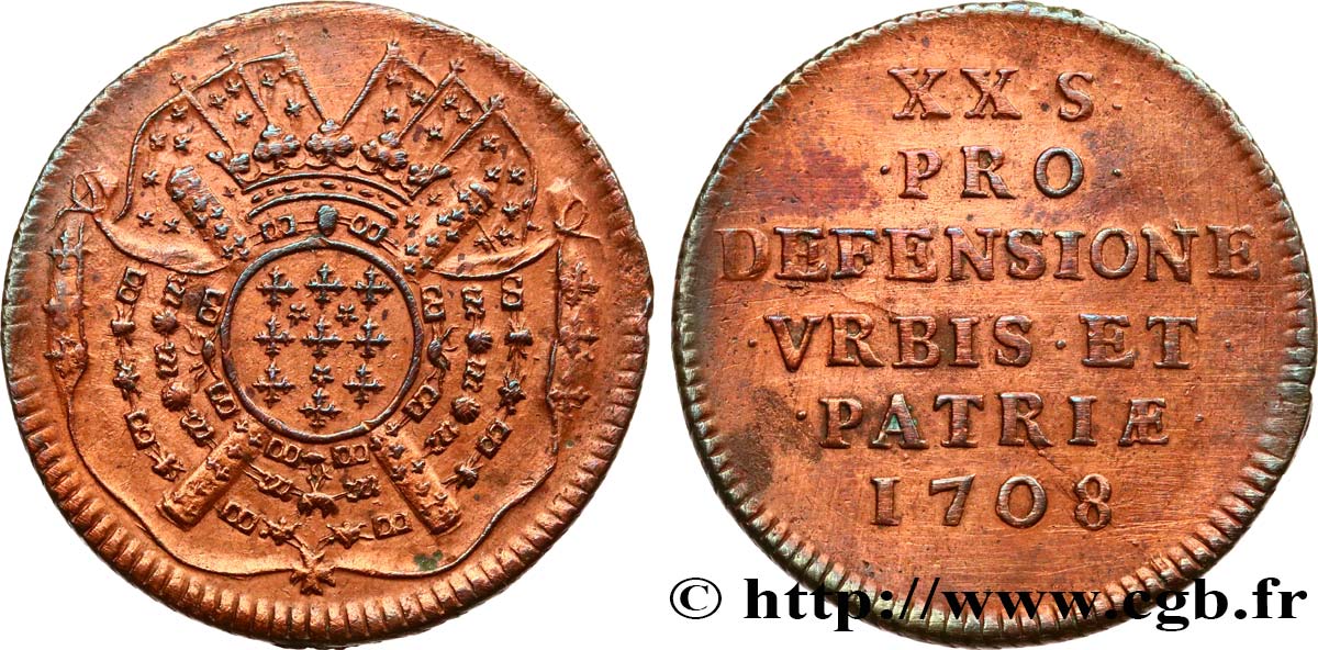 FLANDERS - SIEGE OF LILLE Vingt sols, monnaie obsidionale 1708 Lille AU/AU