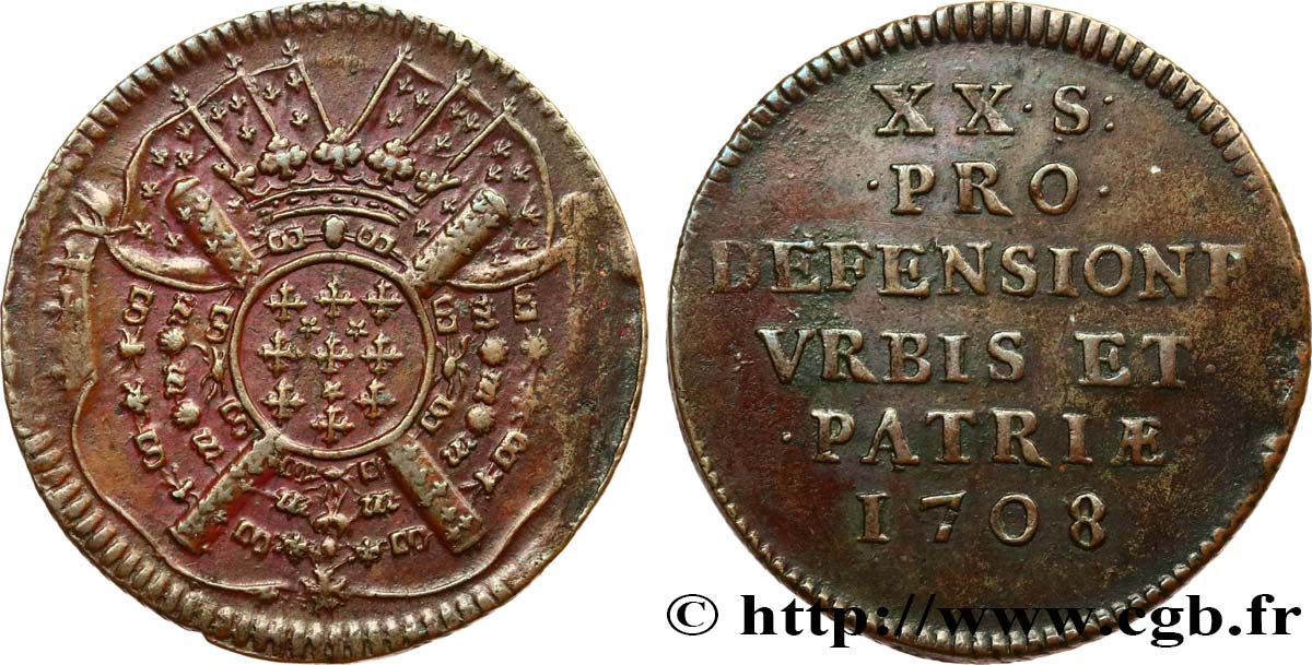 FLANDERS - SIEGE OF LILLE Vingt sols, monnaie obsidionale 1708 Lille AU/AU