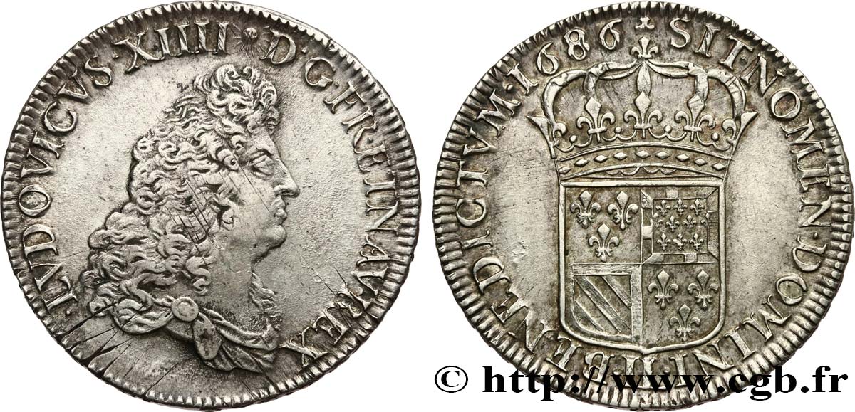 LOUIS XIV LE GRAND OU LE ROI SOLEIL Écu de Flandre 1686 Lille TTB+/SUP