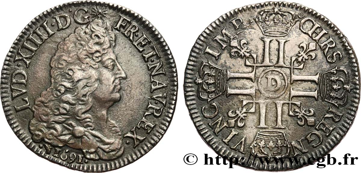 LOUIS XIV  THE SUN KING  Écu aux huit L, 1er type 1691 Lyon MBC+/EBC