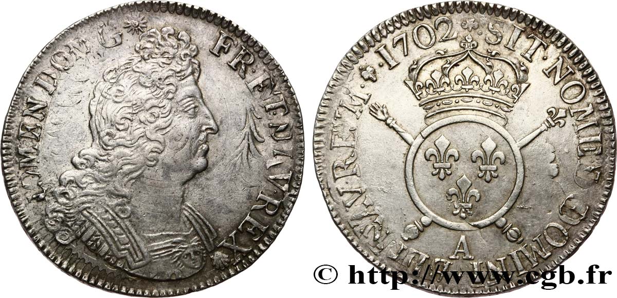LOUIS XIV  THE SUN KING  Écu aux insignes 1702 Paris fVZ/VZ