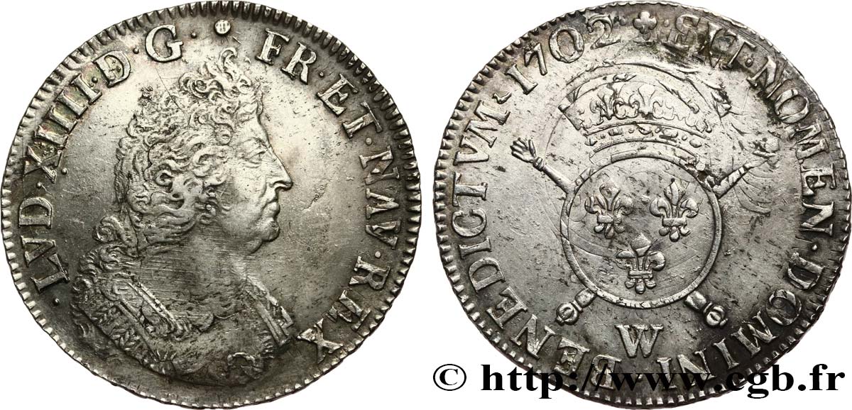 LOUIS XIV  THE SUN KING  Écu aux insignes au buste du type aux palmes 1702 Lille AU