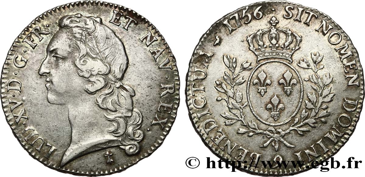LOUIS XV DIT LE BIEN AIMÉ Écu aux branches d’olivier, tête ceinte d’un bandeau 1756 Rennes TTB+/SUP