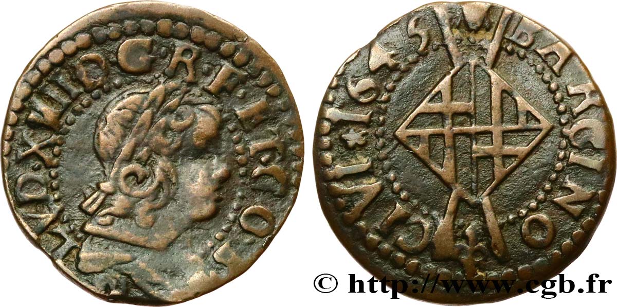 ESPAGNE - COMTÉ DE BARCELONE - LOUIS XIV LE GRAND OU LE ROI SOLEIL Sizain 1645 Barcelone TTB