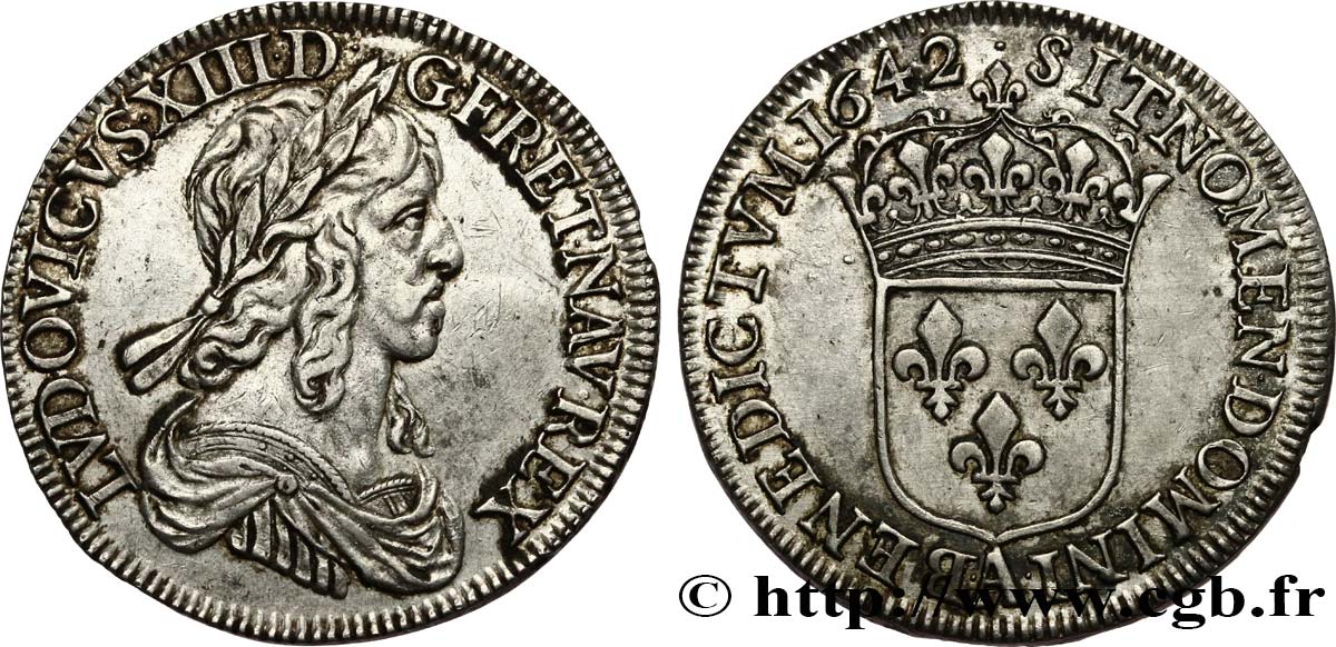 LOUIS XIII LE JUSTE Demi-écu, buste drapé et cuirassé (2e buste de Jean Warin) 1642 Paris, Monnaie du Louvre TTB+/SUP