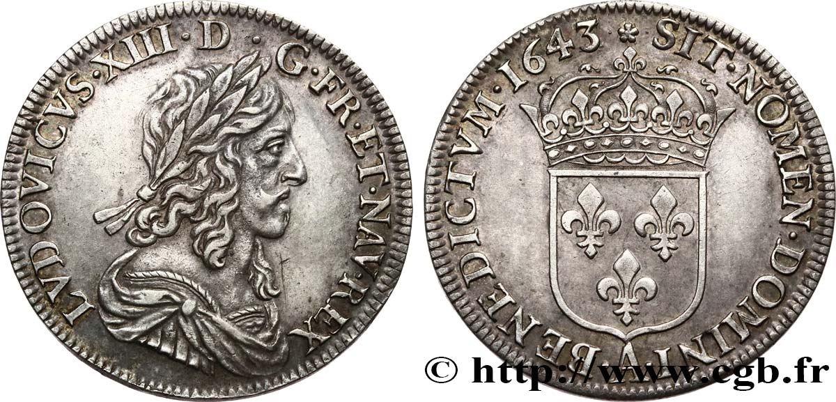 LOUIS XIII LE JUSTE Demi-écu, buste drapé et cuirassé (2e buste de Jean Warin) 1643 Paris, Monnaie de Matignon TTB+/SUP