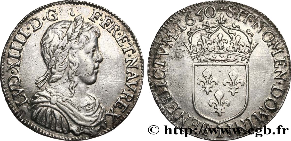 LOUIS XIV LE GRAND OU LE ROI SOLEIL Demi-écu, portrait à la mèche longue 1650 Limoges TTB+/SUP