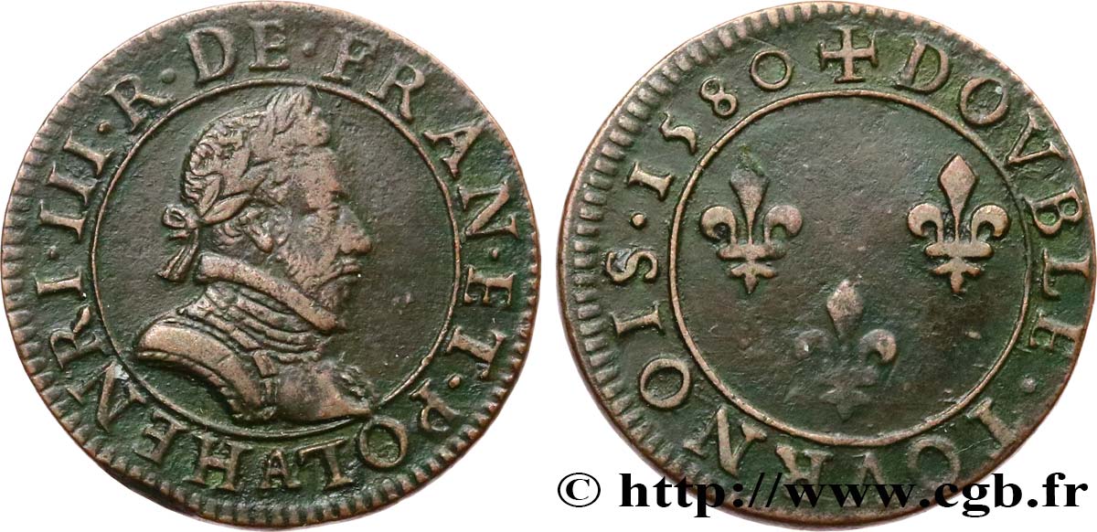 HENRI III Double tournois, 1er type de Paris 1580 Paris, Moulin des Étuves SUP/TTB+