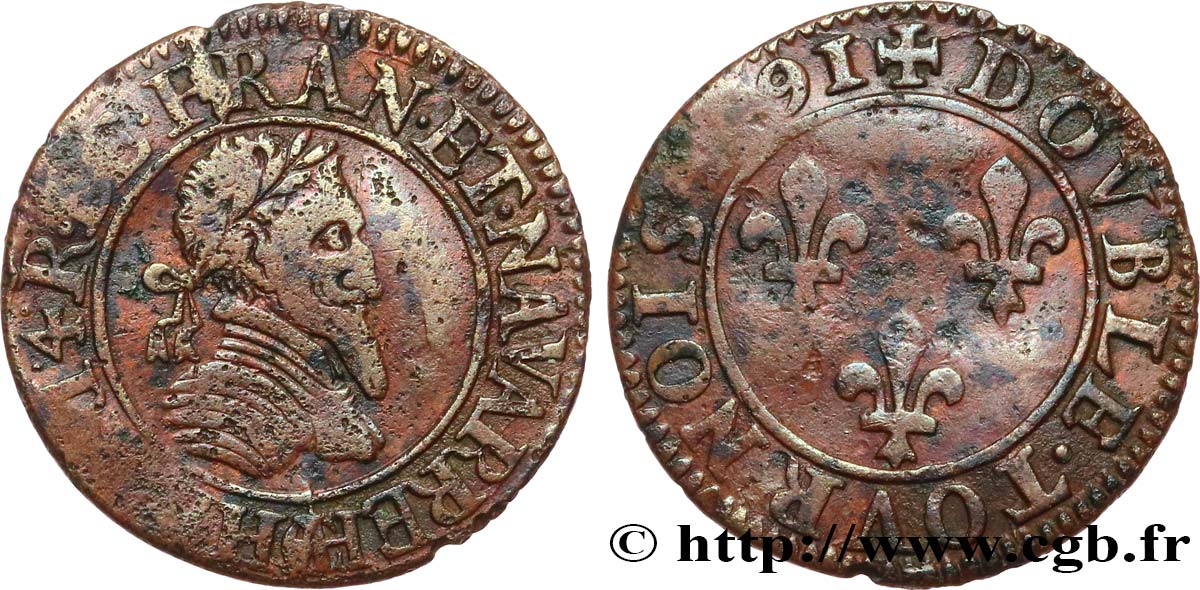 HENRI IV LE GRAND Double tournois, 2e type de Châlons-sur-Marne 1591 Châlons-en-Champagne TB+