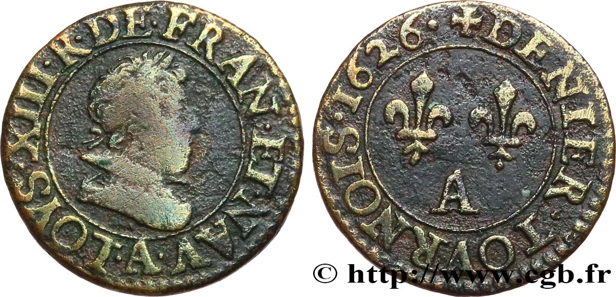 LOUIS XIII LE JUSTE Denier tournois, type 3 de Paris 1626 Paris TB+