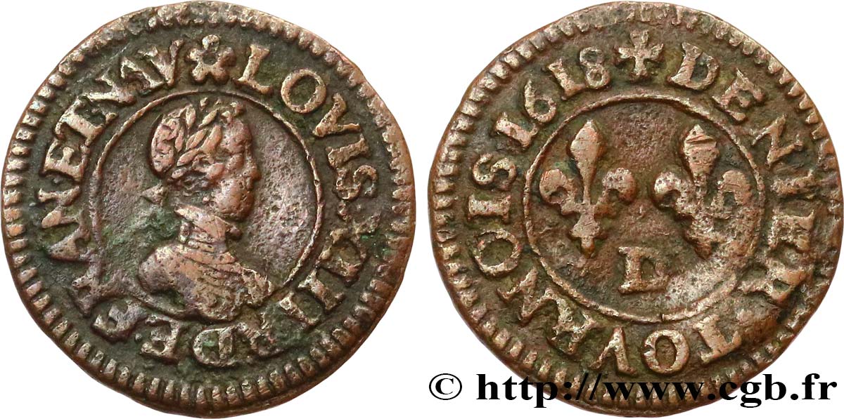 LOUIS XIII LE JUSTE Denier tournois, type 3 1618 Lyon TTB+/TTB
