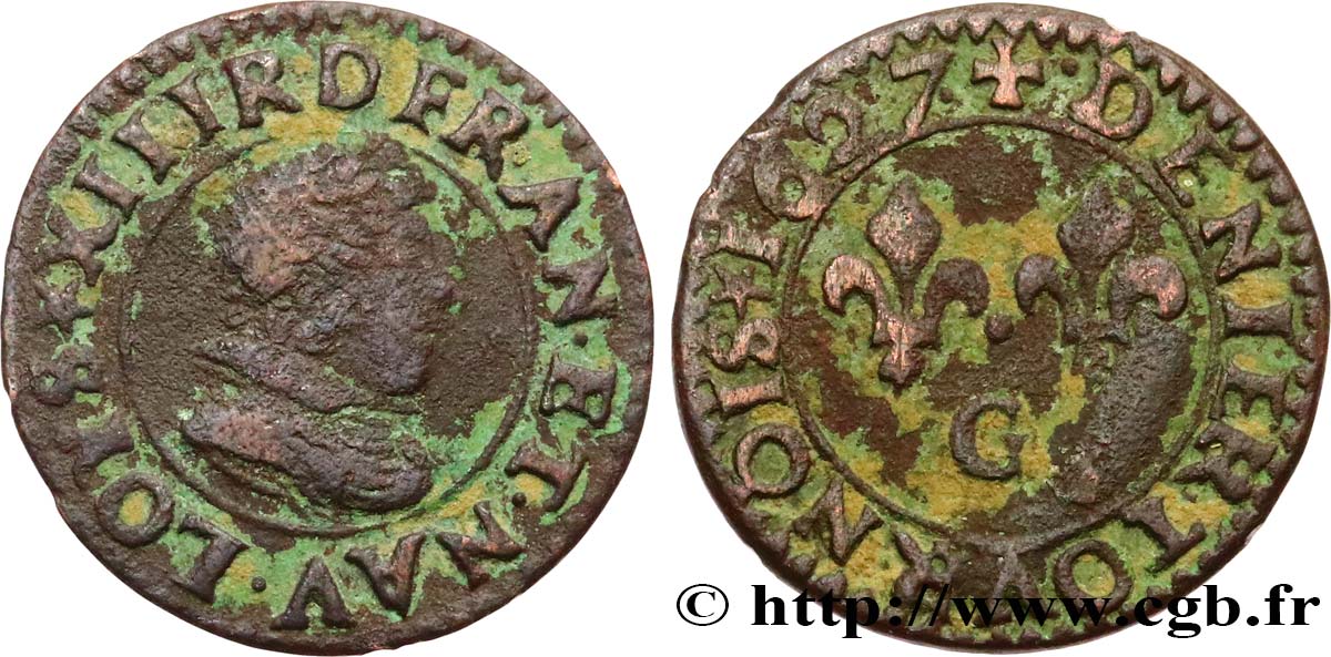 LOUIS XIII LE JUSTE Denier tournois, type 2 de Poitiers 1627 Poitiers TTB