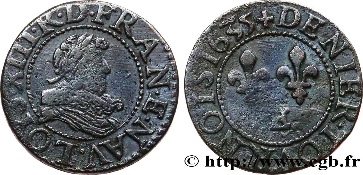LOUIS XIII LE JUSTE Denier tournois 1635 Tours TTB