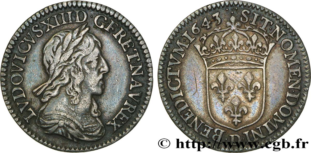 LOUIS XIII LE JUSTE Douzième d écu, buste drapé et cuirassé (2e buste de Jean Warin) 1643 Lyon TTB/TTB+