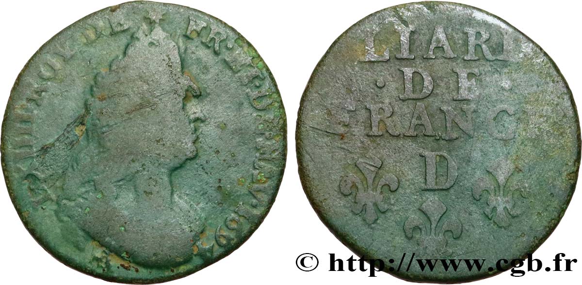 LOUIS XIV LE GRAND OU LE ROI SOLEIL Liard, 3e type, buste âgé 1694 Lyon TB